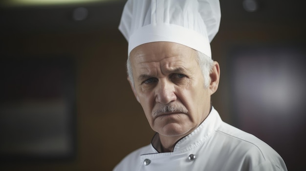 Um homem com um chapéu de chef está em uma cozinha.