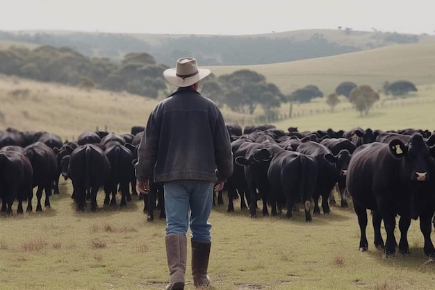 Um homem com um chapéu de cowboy caminha em direção a um rebanho de vacas pretas.