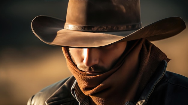 Um homem com um chapéu de cowboy com um chapéu de cowboy na cabeça.