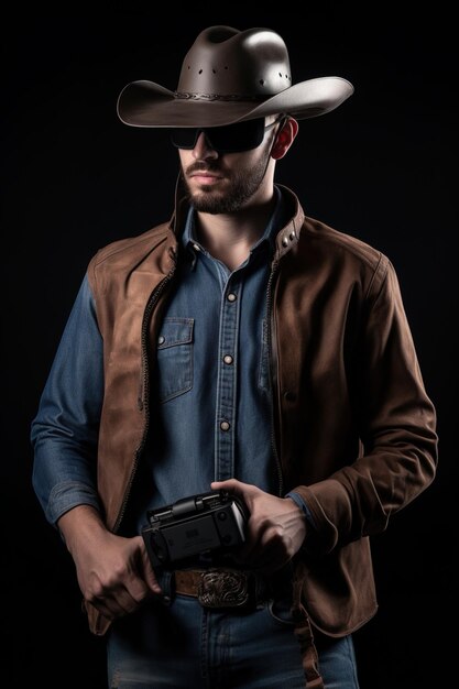 Um homem com um chapéu de cowboy e óculos escuros tem uma arma nas mãos.