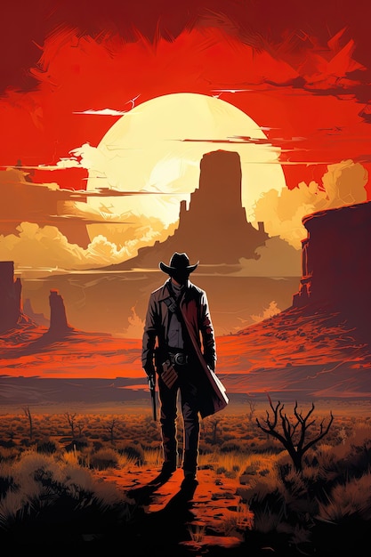 Foto um homem com um chapéu de cowboy está de pé na frente de um pôr-do-sol
