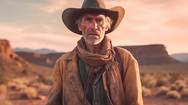 Foto um homem com um chapéu de cowboy está em um deserto com montanhas ao fundo.