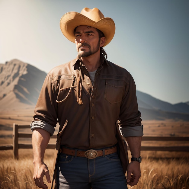 Um homem com um chapéu de cowboy está na frente de uma montanha.