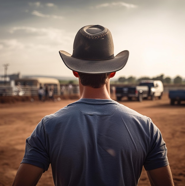 Um homem com um chapéu de cowboy está olhando para um caminhão e um caminhão.