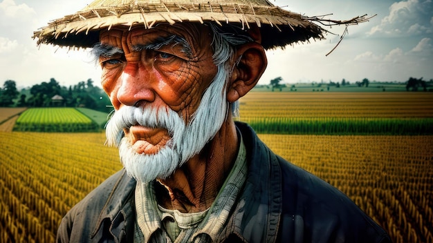 Um homem com um chapéu de palha está em frente a um campo de arroz.