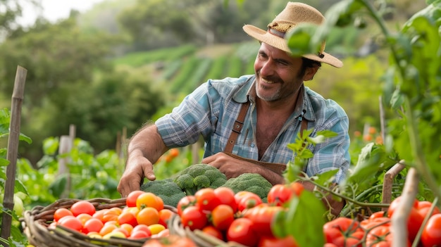 Um homem com um chapéu de palha meticulosamente colhendo tomates maduros e suculentos em um jardim vibrante