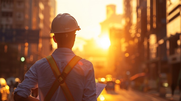 Um homem com um chapéu duro caminha por uma rua ao pôr do sol