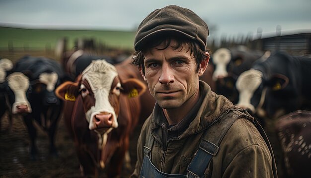 Foto um homem com um chapéu e uma vaca ao fundo