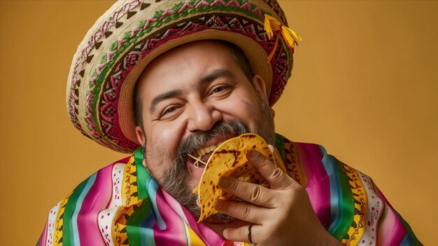 Foto um homem com um chapéu mexicano a comer um taco.