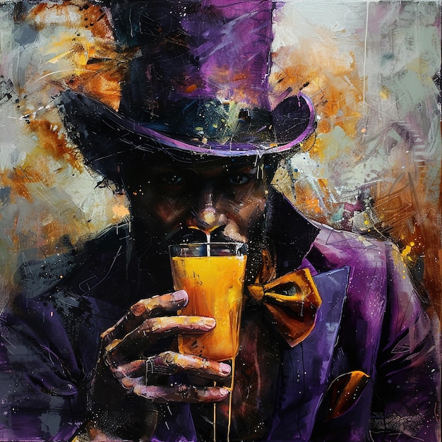 um homem com um chapéu roxo bebendo um copo de suco de laranja