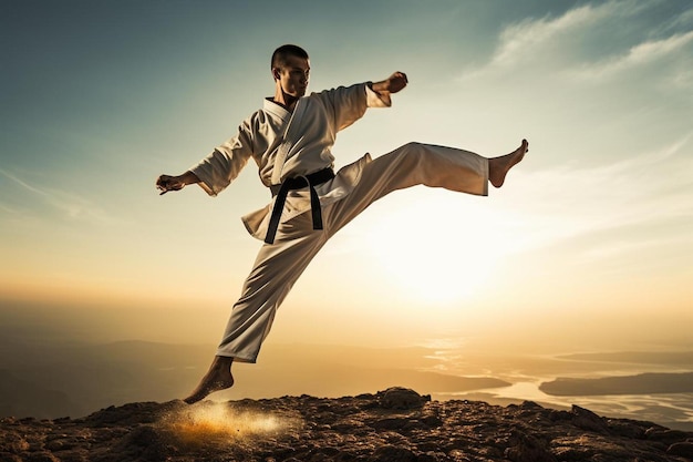 um homem com um cinto que diz karate nele