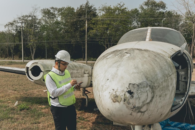 Um homem com um colete de segurança fica ao lado de um avião a jato com um homem em um colete de segurança