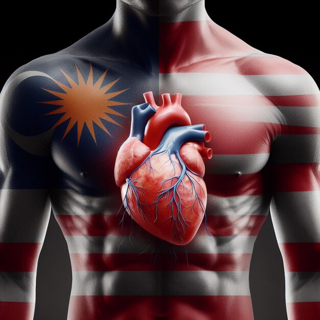 um homem com um coração no peito com a bandeira ao fundo