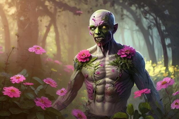 Um homem com um corpo verde e flores cor de rosa ao fundo