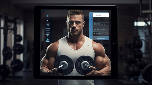 um homem com um dumbbell em seu peito está em frente a um tablet com as palavras fisiculturista na tela