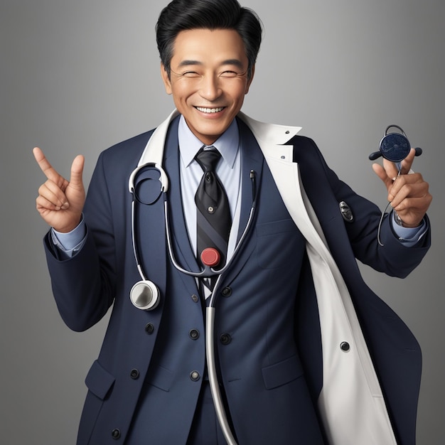 Um homem com um estetoscópio no casaco está sorrindo com o médico