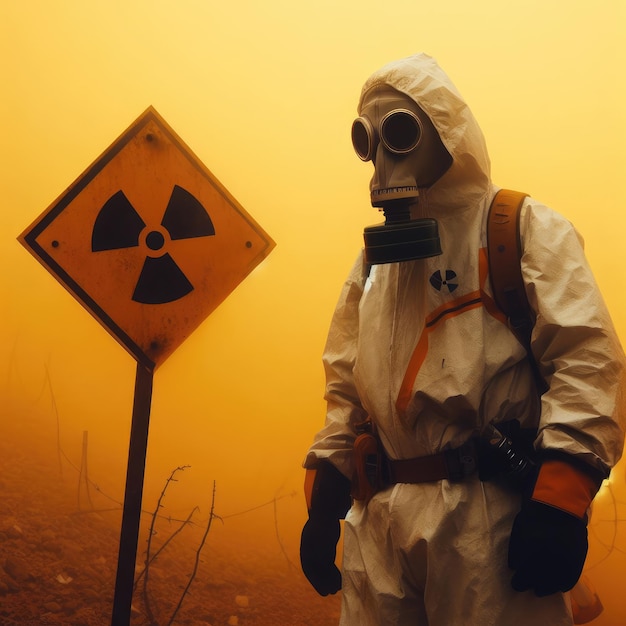 Foto um homem com um fato de proteção e uma máscara de radiação em um edifício destruído