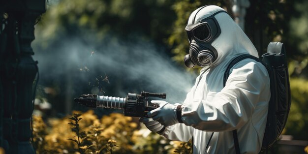 Um homem com um fato de proteção trata flores no jardim com produtos químicos IA generativa