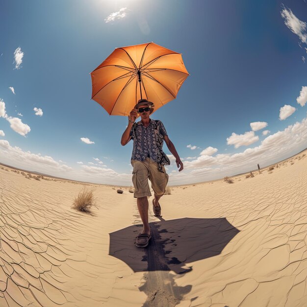 Um homem com um guarda-chuva anda no deserto com a palavra nele.