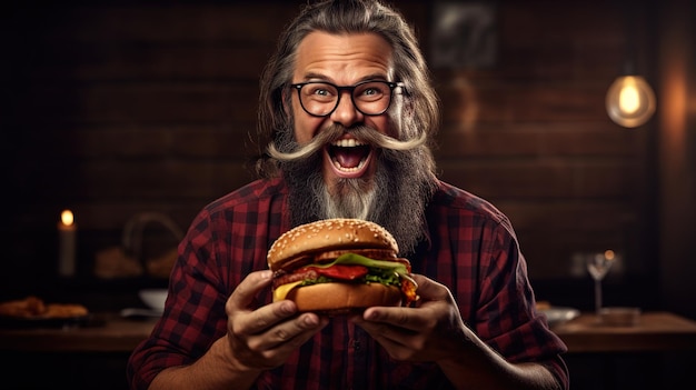 Um homem com um hambúrguer nas mãos.