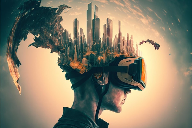 Um homem com um headset de realidade virtual em frente a uma paisagem urbana.