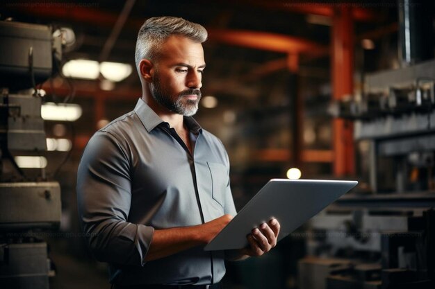 um homem com um laptop em suas mãos está de pé em um armazém