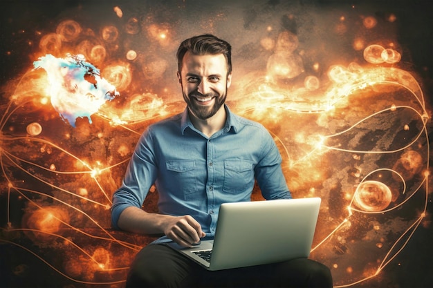 Foto um homem com um laptop sentado em meio ao caos focado em hackear uma rede de computadores