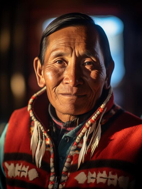 Foto um homem com um lenço vermelho e cinza está vestindo um lençol vermelho e branco