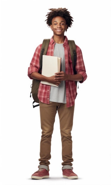Foto um homem com um livro nas costas fica em frente a um fundo branco.