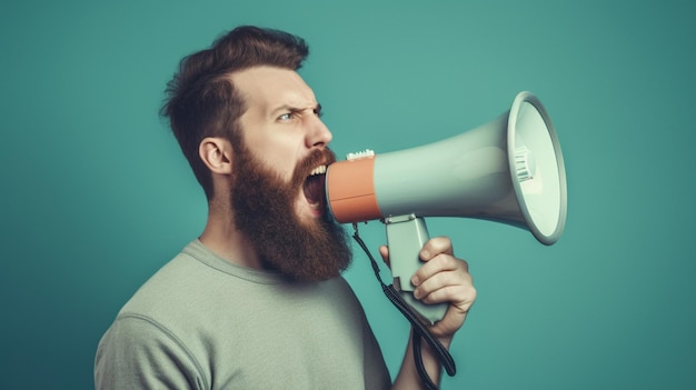 Um homem com um megafone gritando em um fundo azul