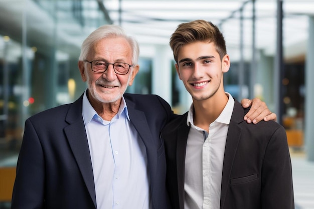 Um homem com um menino de terno fica ao lado de um homem de terno e sorrindo.