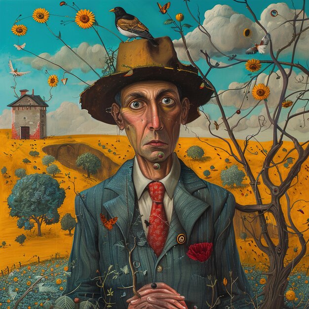 Foto um homem com um pássaro na cabeça está em frente a um campo com um pásseiro na mão