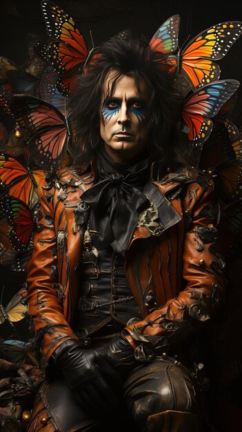um homem com um rosto pintado e uma borboleta no peito