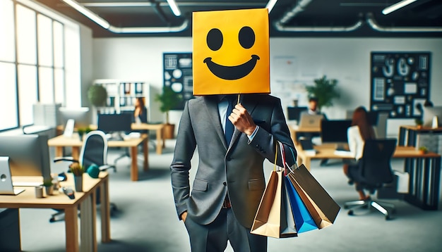 Foto um homem com um saco de papel na cabeça com uma imagem de emoções felizes