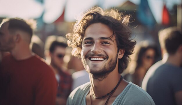 um homem com um sorriso no rosto em um festival de música ao ar livre