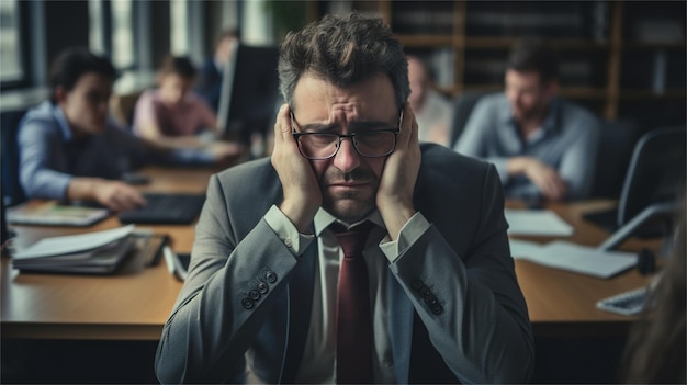 Um homem com um terno na cabeça está segurando a cabeça na mão e sua cabeça está na frente de um monitor com o número 30.