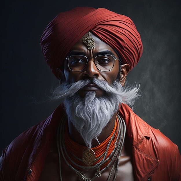 Um homem com um turbante vermelho e um turbante vermelho