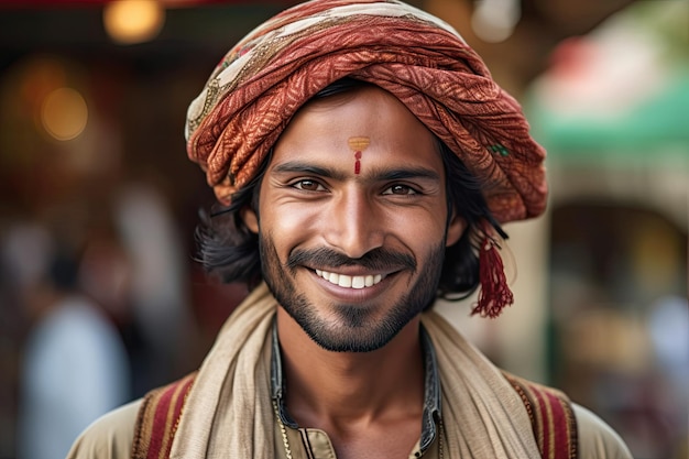 Um homem com um turbante vermelho sorri para a câmera.