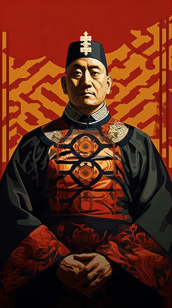um homem com um vestido tradicional chinês com fundo vermelho