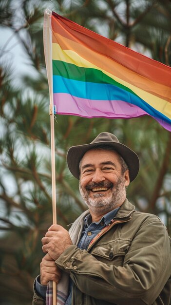 Foto um homem com uma bandeira arco-íris na mão