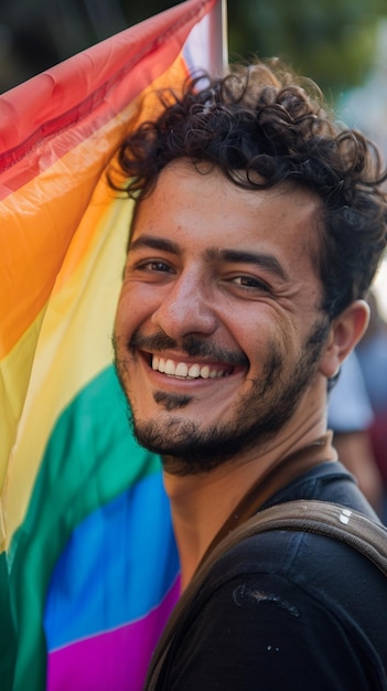 Foto um homem com uma bandeira arco-íris no ombro