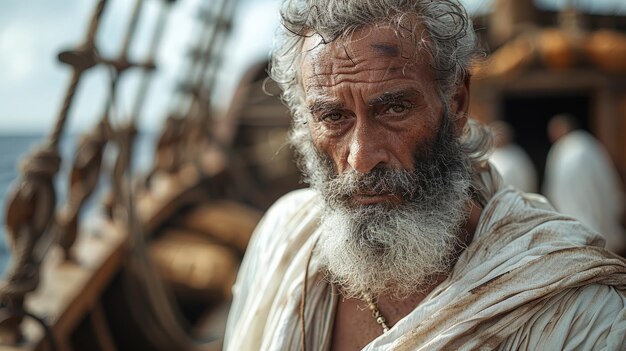 um homem com uma barba branca está na frente de um navio