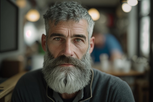 Um homem com uma barba grisalha e uma barba grisalha