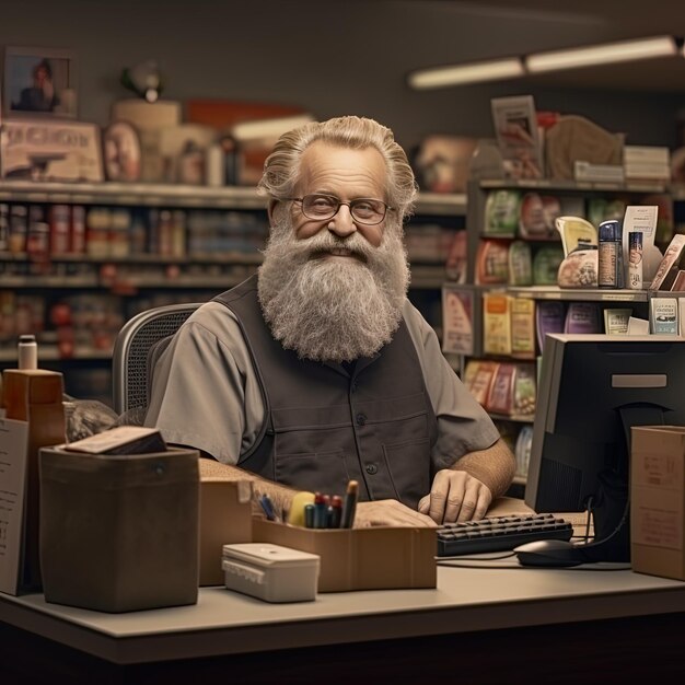 um homem com uma barba sentado em uma mesa em uma loja