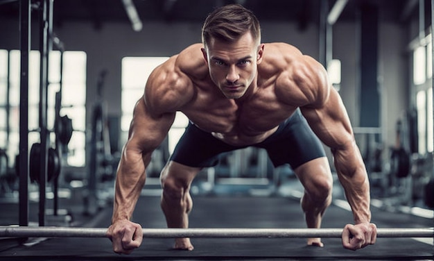 um homem com uma barra na academia