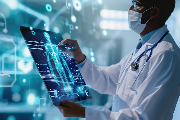 Foto um homem com uma bata branca de laboratório analisa cuidadosamente dados em um tablet em um laboratório bem equipado.