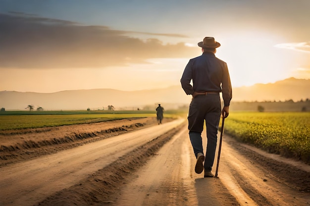 um homem com uma bengala caminha por uma estrada de terra no pôr do sol
