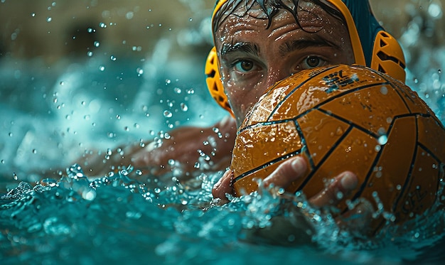 Foto um homem com uma bola amarela na água com o número 3 nela