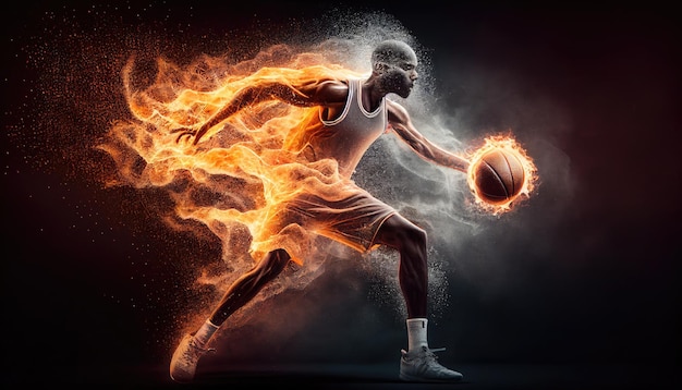 Um homem com uma bola de basquete nas costas é mostrado em uma fogueira e a palavra basquete em sua camisa.