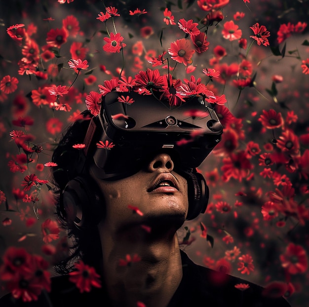 Foto um homem com uma cabeça virtual cobrindo seus olhos com flores no fundo